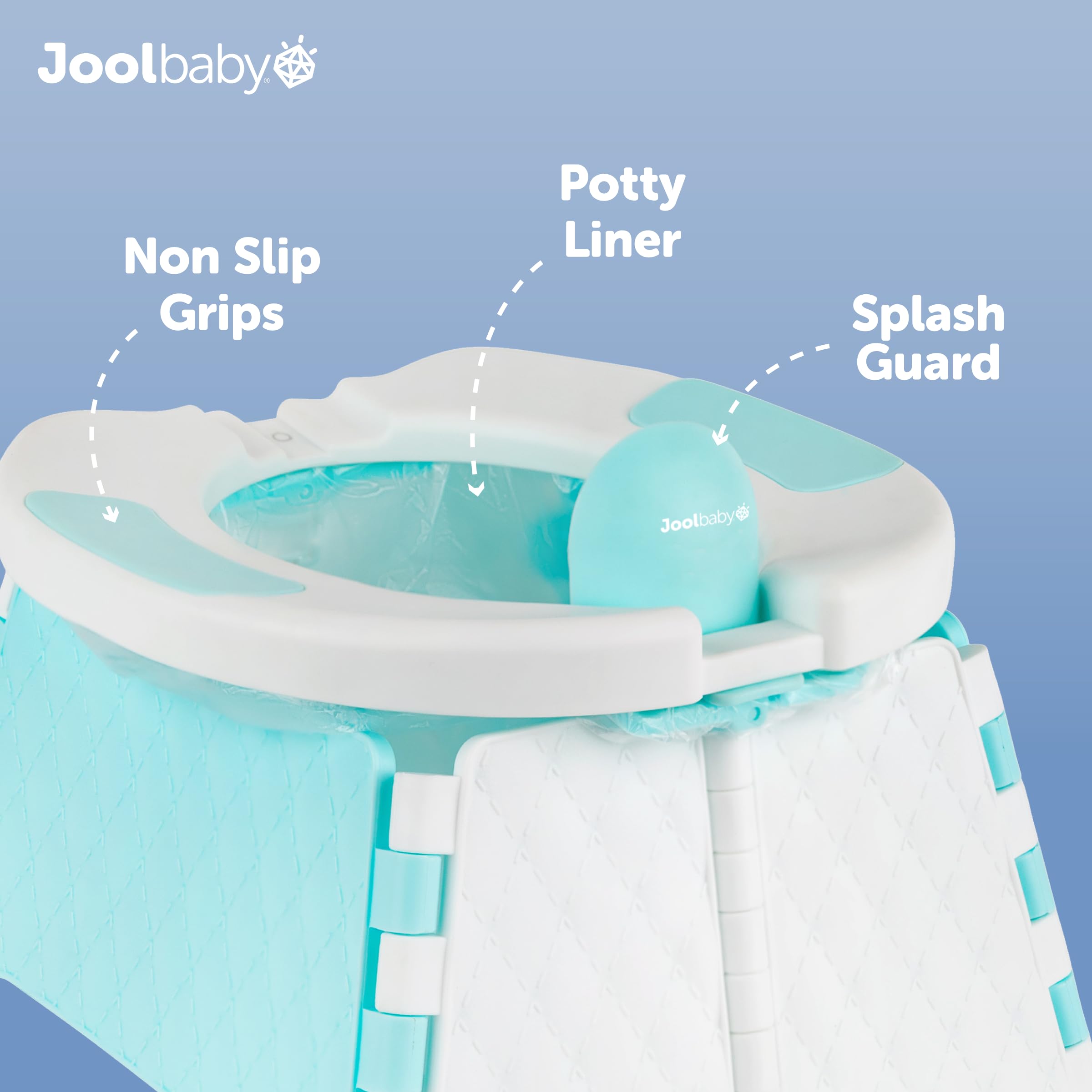 Jool Baby portable potty in use outdoors with splash guard for tidy use.
