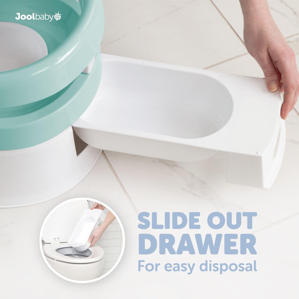 Jool Baby Aqua potty chair with lid keeps bathroom tidy when not in use