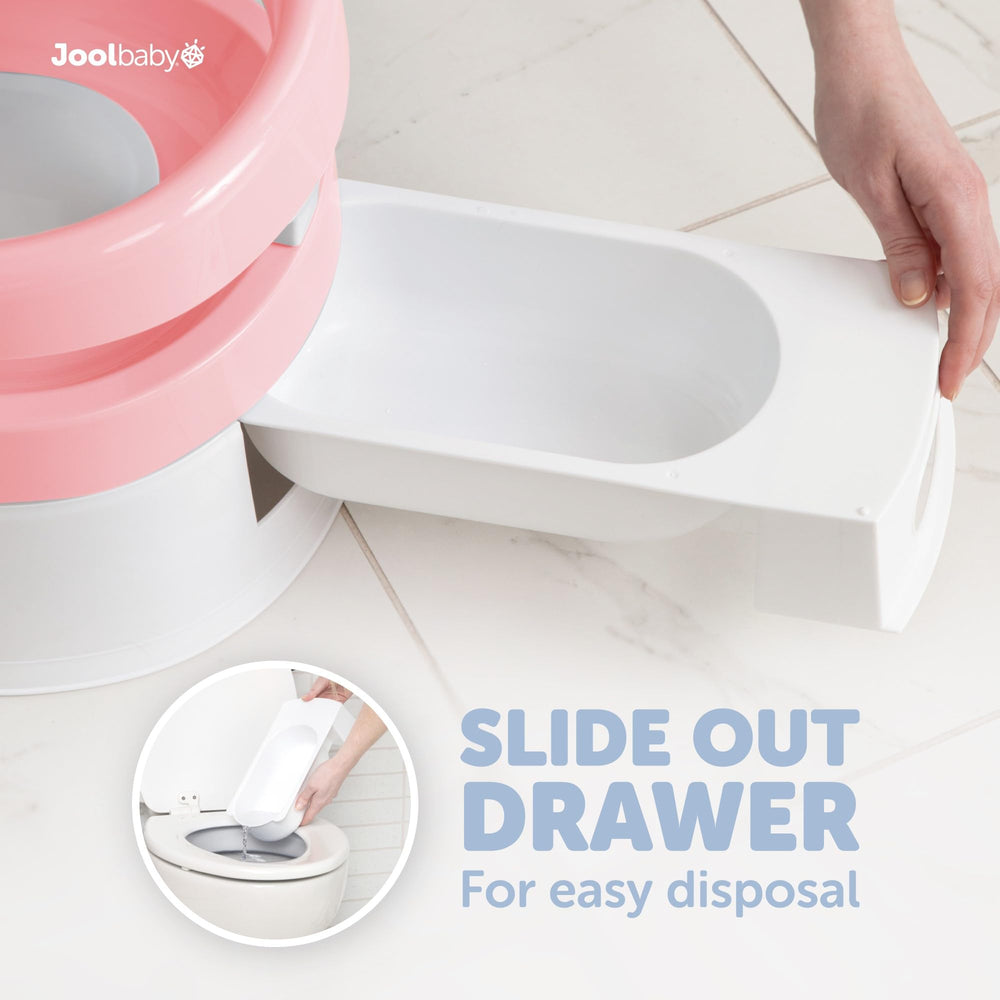 Jool Baby Potty Chair pink back view highlights supportive back for comfort.