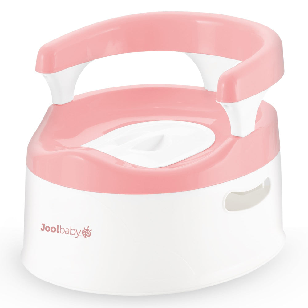 Jool Baby Potty Chair pink side view highlights secure armrests for toddlers.