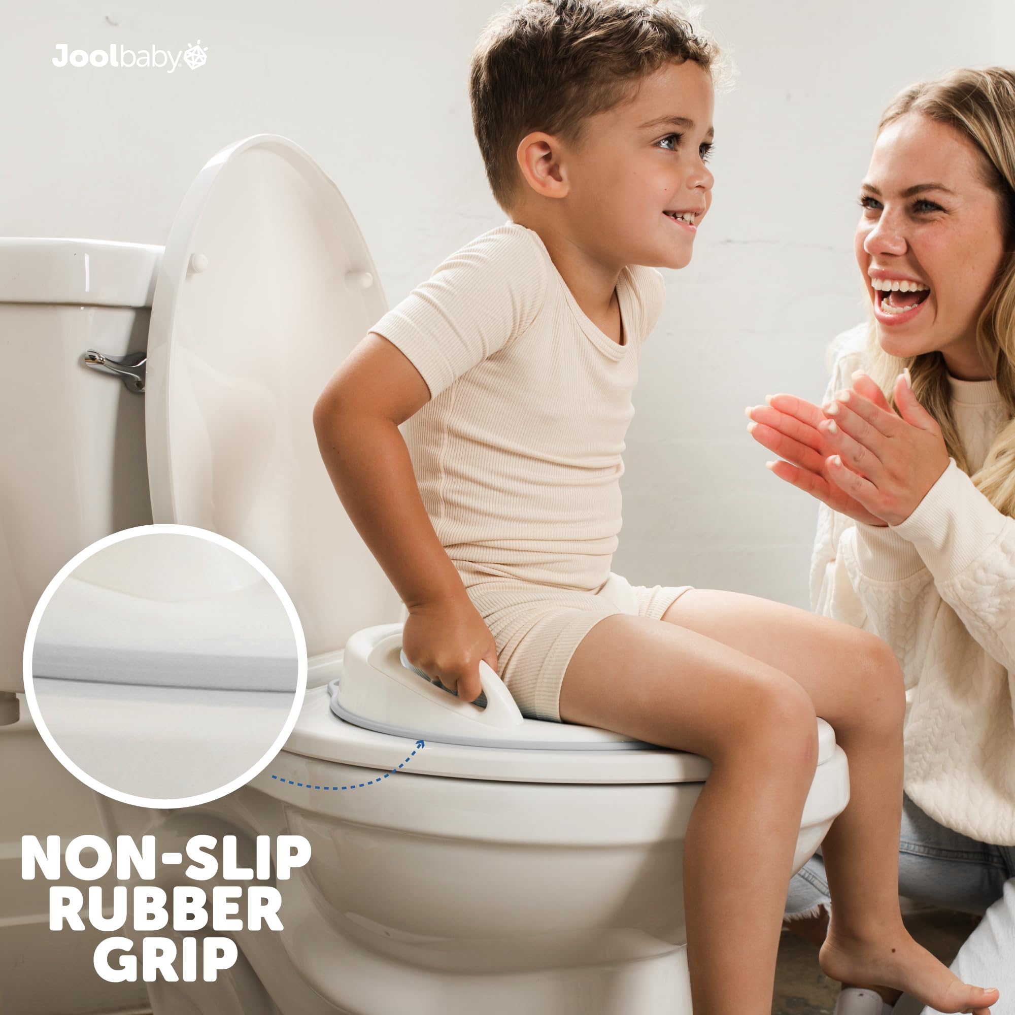 Jool Baby potty seat fits round and elongated toilets for versatile bathrooms.