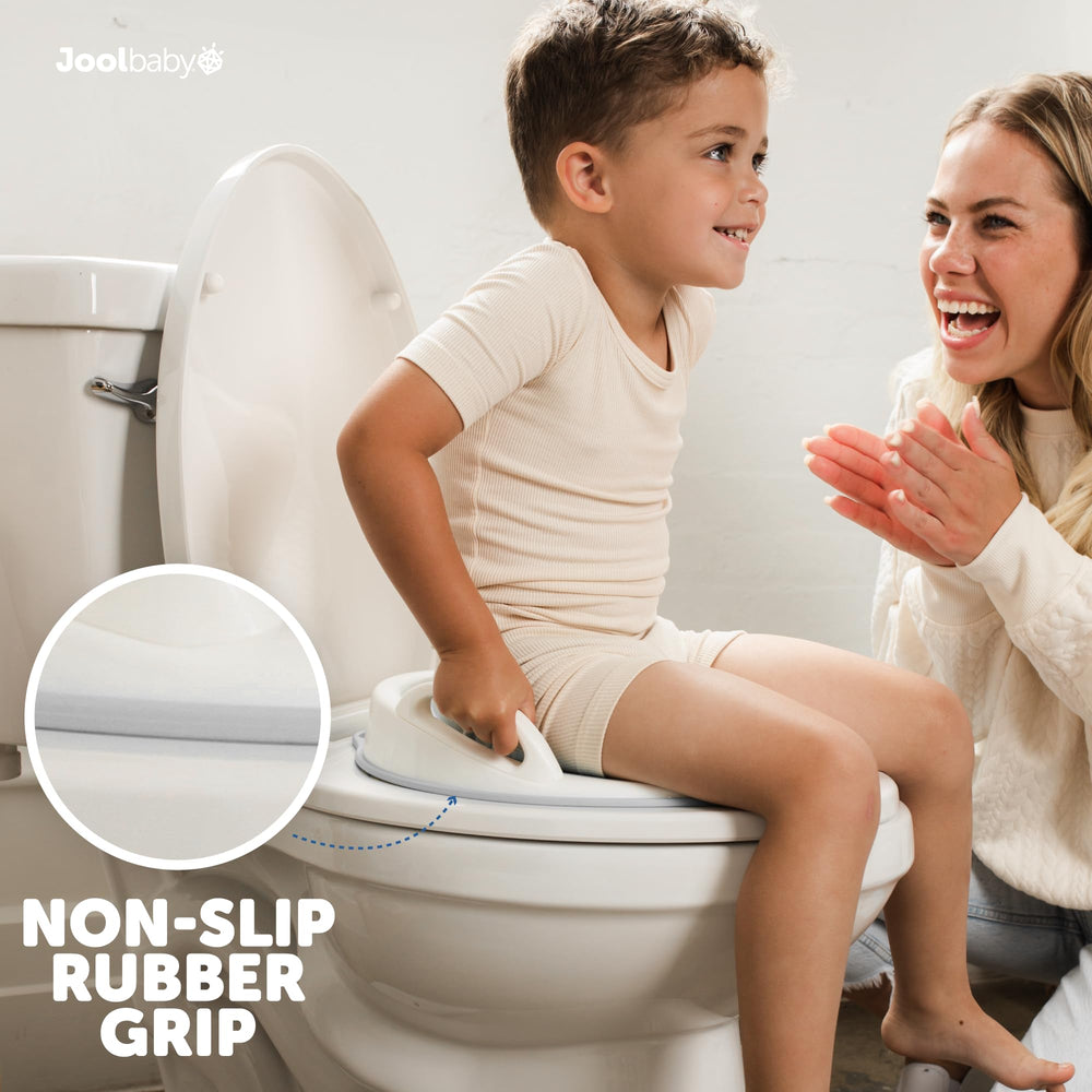 Jool Baby potty seat fits round and elongated toilets for versatile bathrooms.