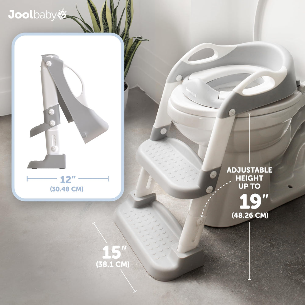 Jool Baby potty training seat gray in-use for independent toilet training