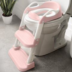 Jool Baby potty training seat with pink two-step ladder supports independent toilet use.