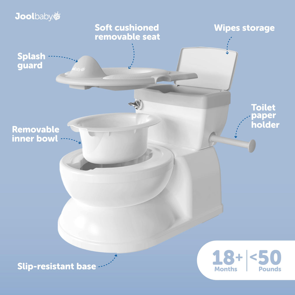 Jool Baby potty with flushing sounds motivates children during potty training sessions.