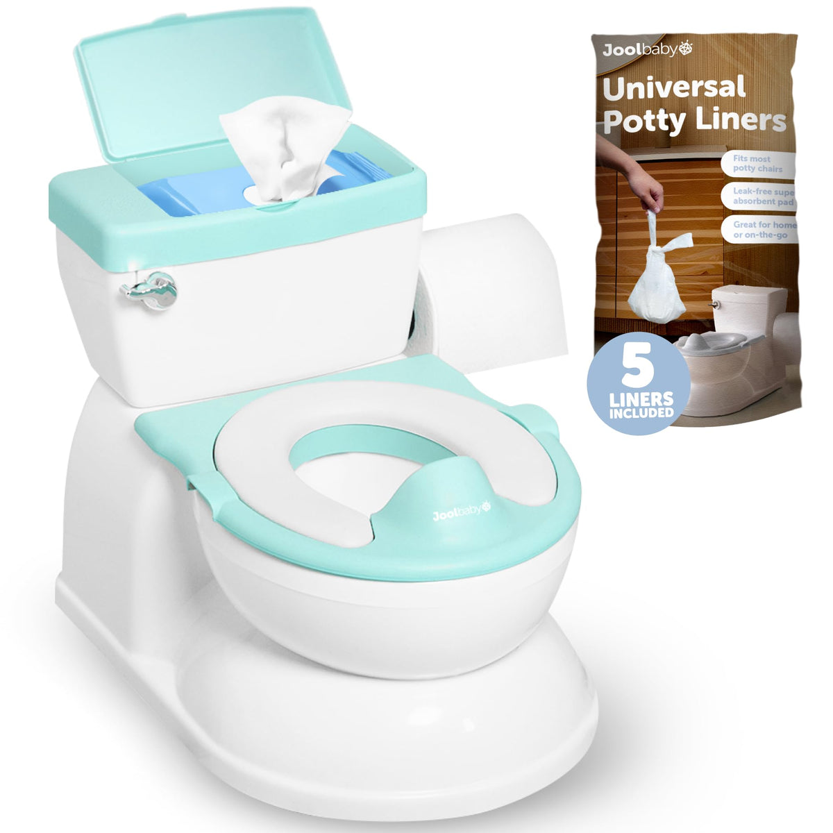 Jool Baby Real Feel Potty with wipes storage keeps training essentials organized.