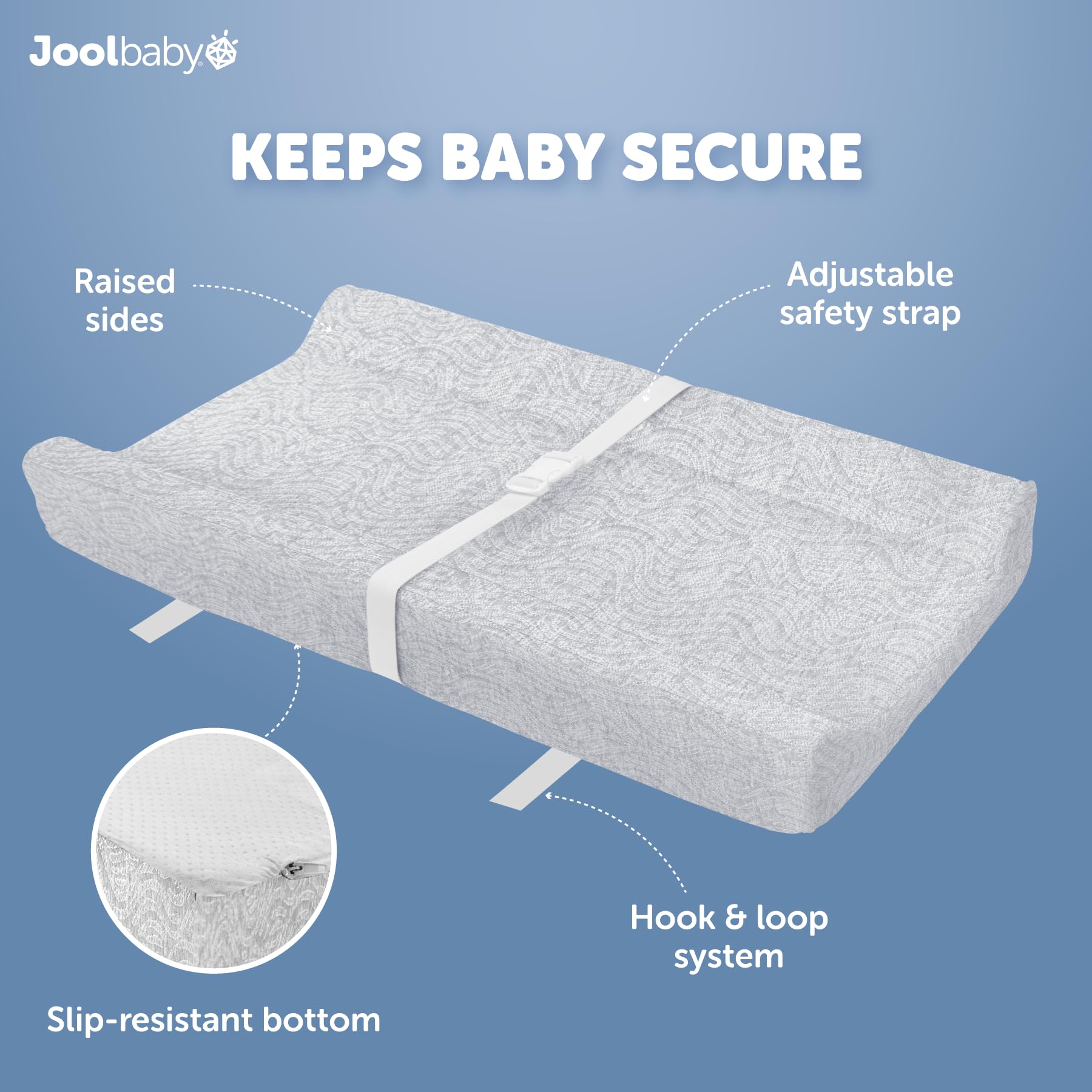 Jool Baby Serenity contoured sides and safety strap help keep baby secure.
