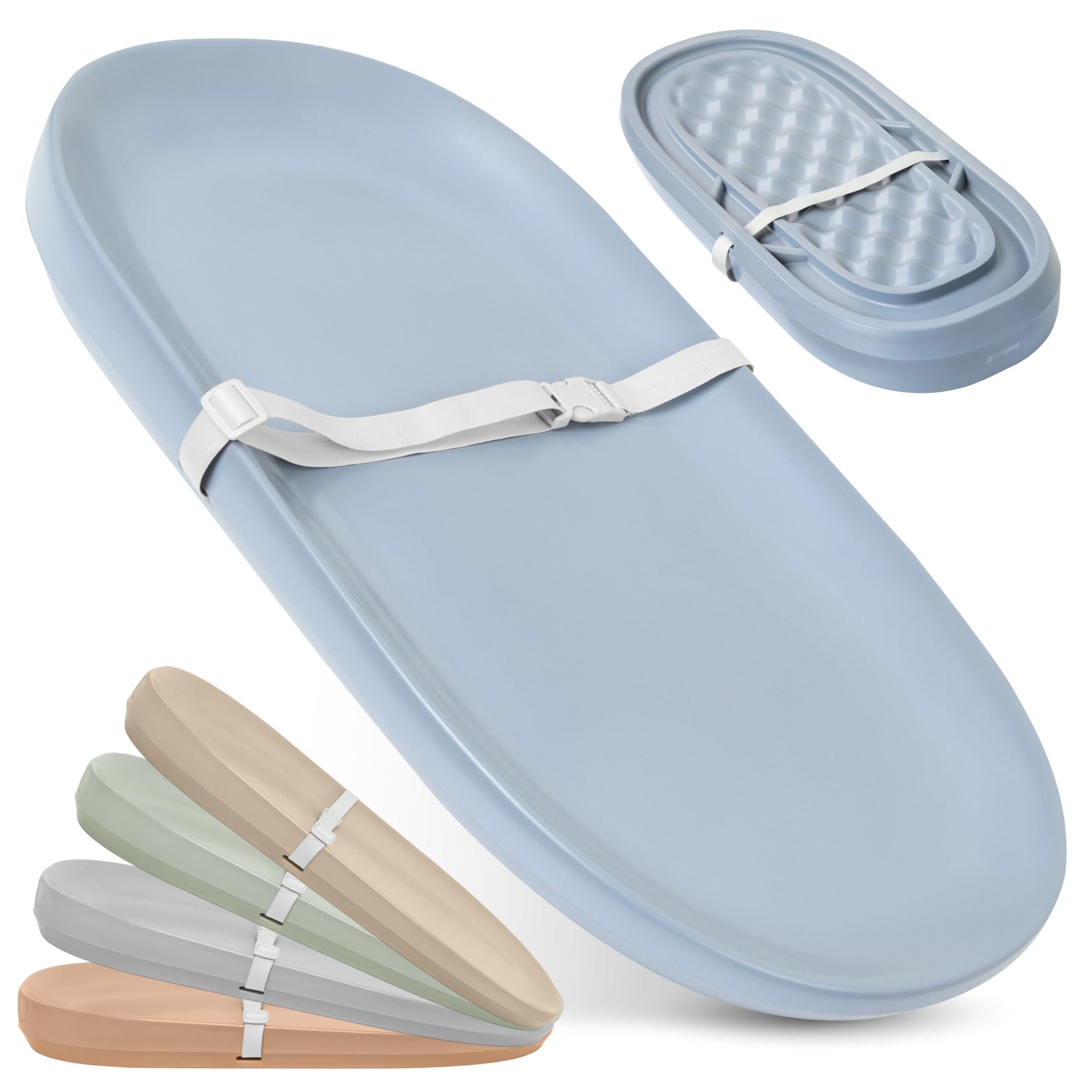 Jool Baby waterproof changing pad in blue keeps messes contained during changes.