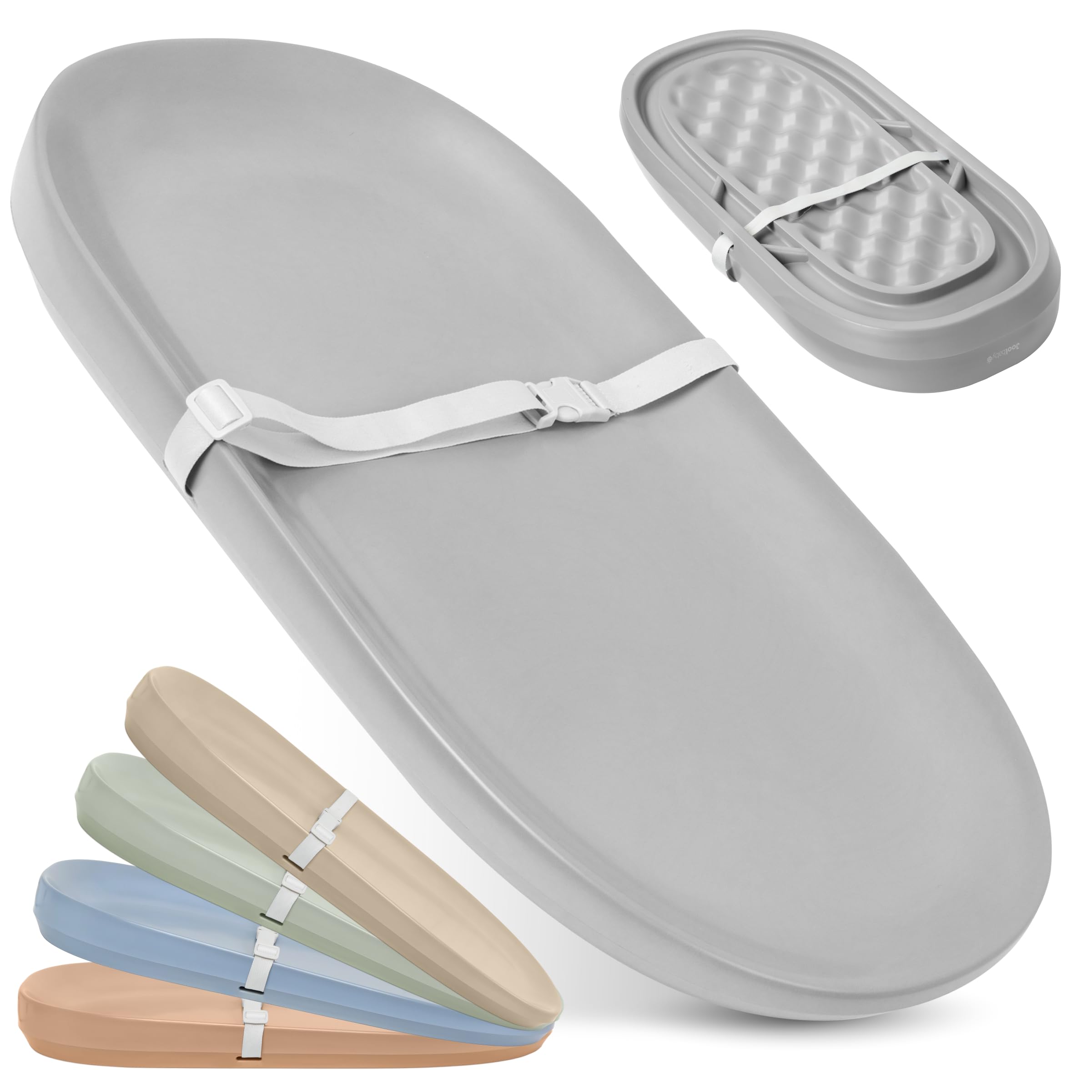 Jool Baby waterproof changing pad gray top view highlights easy wipe-clean surface for mess-free changes.