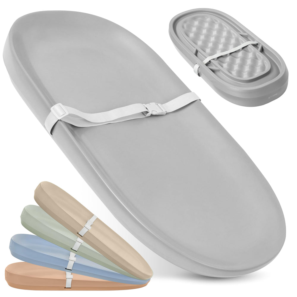 Jool Baby waterproof changing pad gray top view highlights easy wipe-clean surface for mess-free changes.