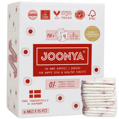 JOONYA diapers packaging bag highlights recyclable materials and bulk savings.