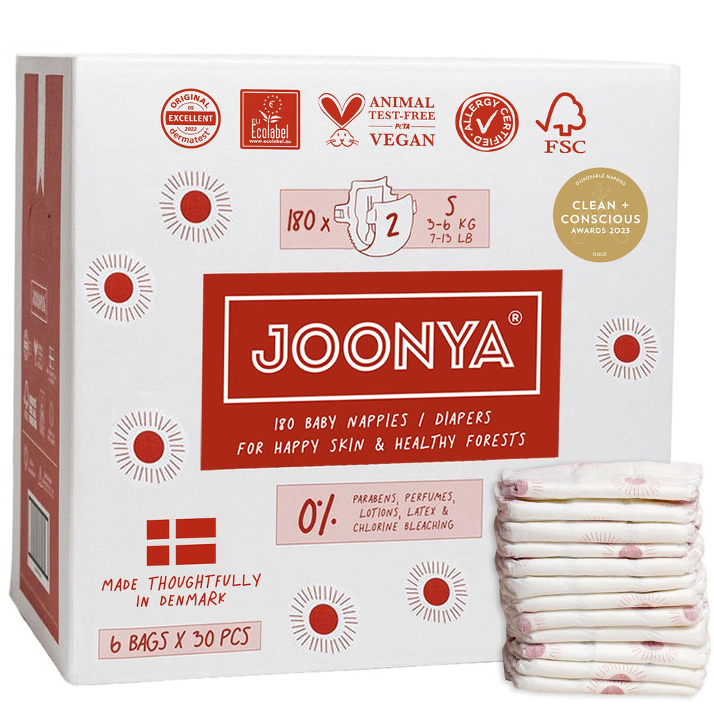 JOONYA diapers size 2 S packaging highlights compact, eco-friendly option for overnight sleep