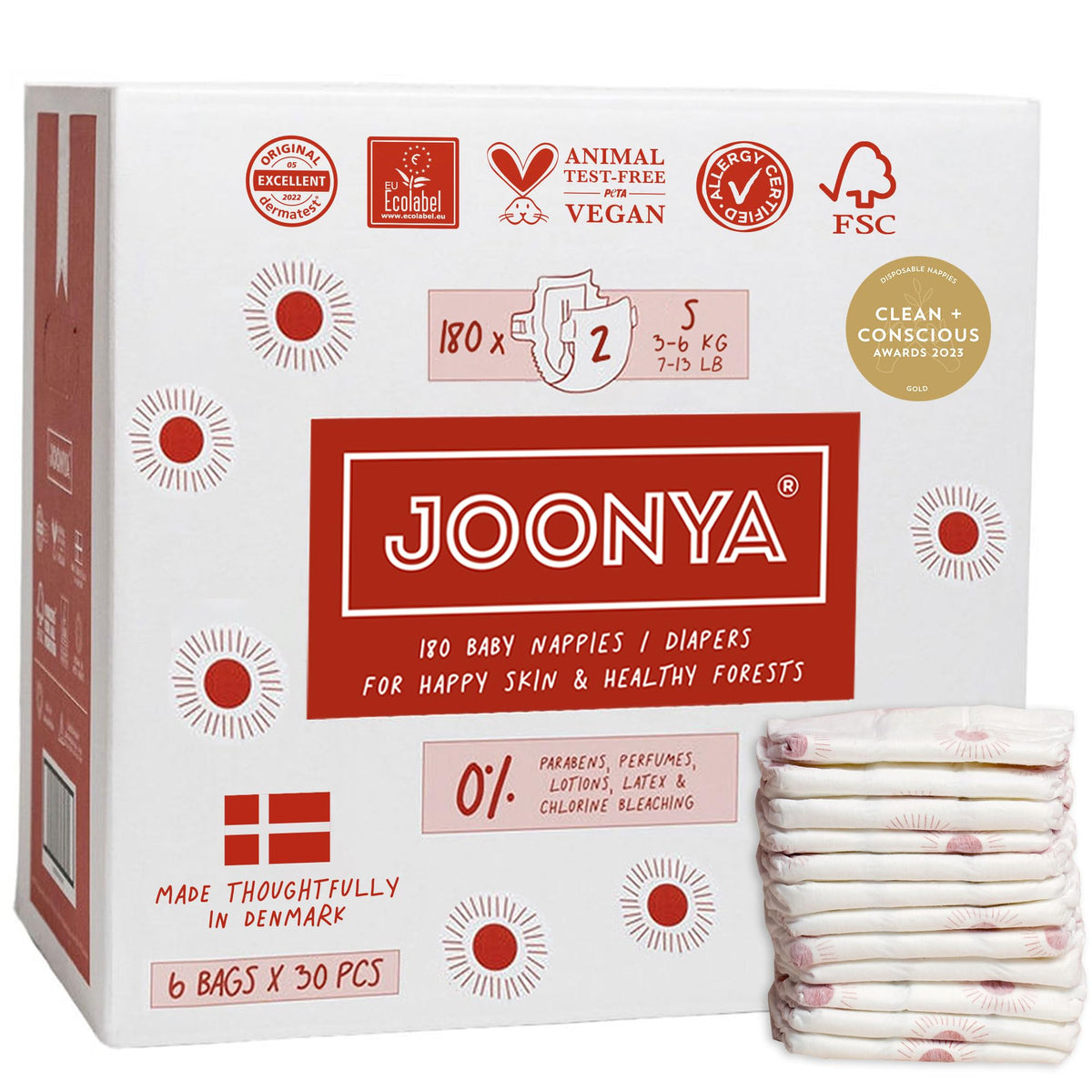 JOONYA diapers size 2 S packaging highlights compact, eco-friendly option for overnight sleep