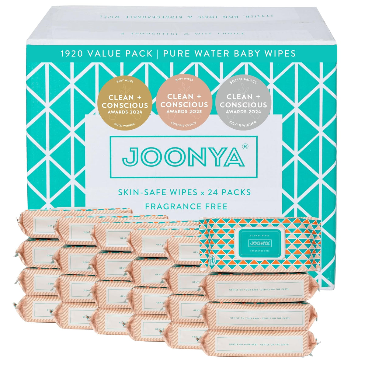 JOONYA unscented baby wipes bulk pack in front view for gentle newborn cleansing.