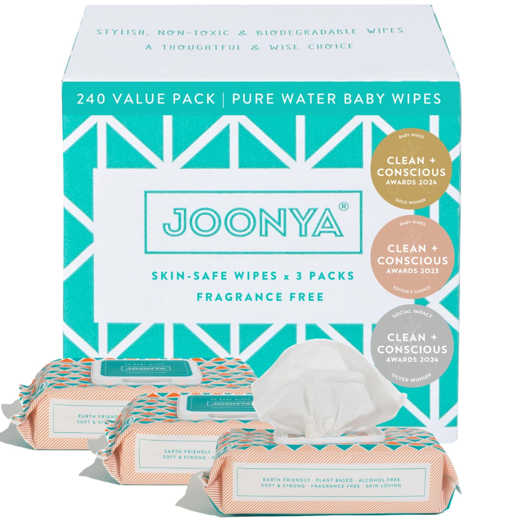 JOONYA unscented baby wipes pack front showing fragrance-free, gentle cleansing