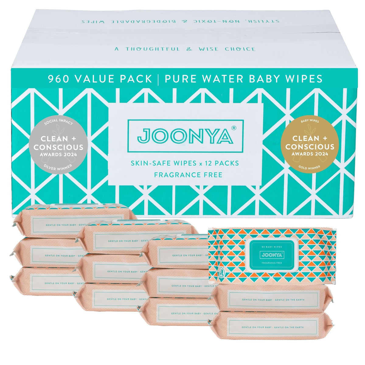 JOONYA Unscented Baby Wipes packaging shows plant-based formula for sensitive skin