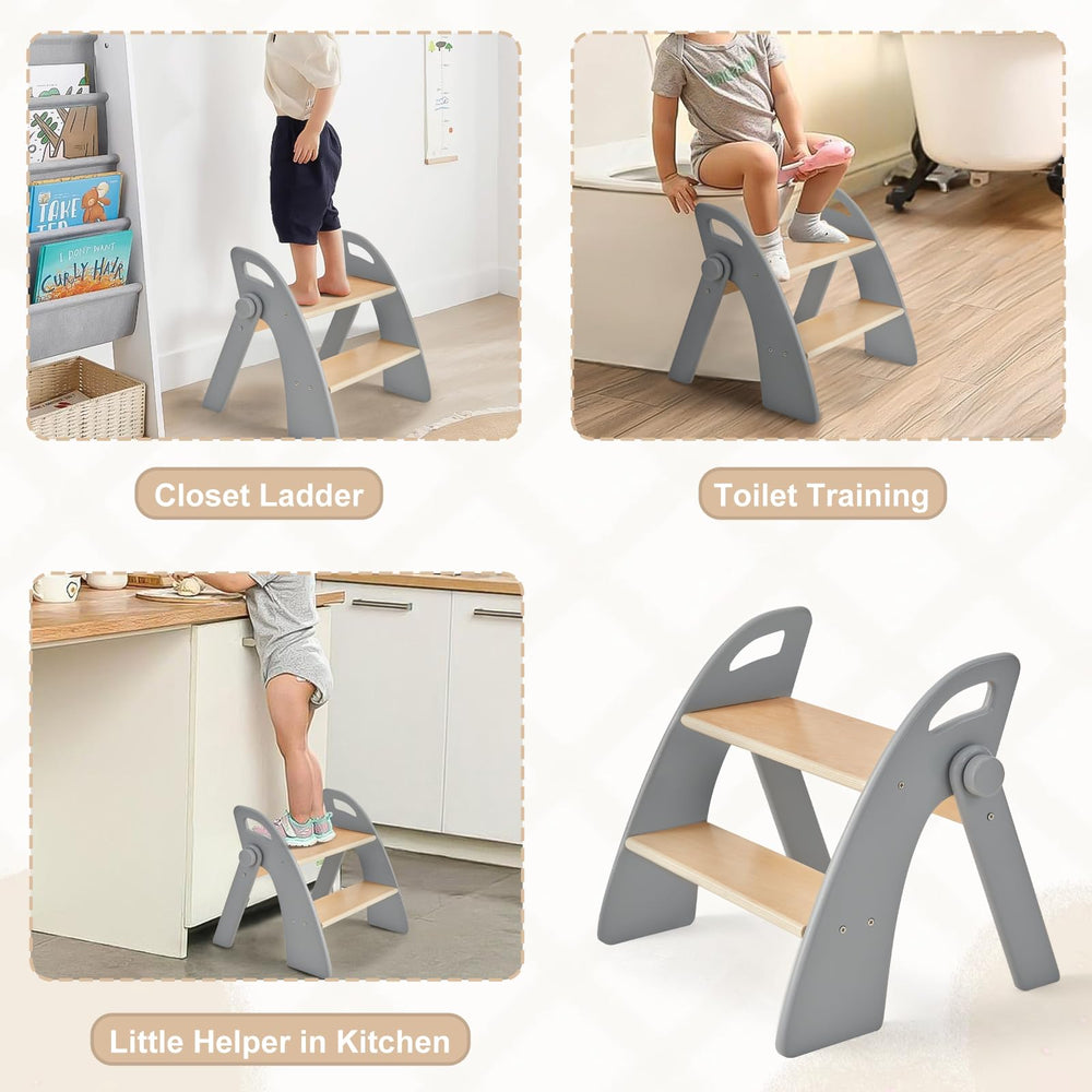 Joothlin wooden 2-step stool with crossbar and anti-slip pads, enhancing stability on floors.