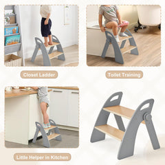 Joothlin wooden 2-step stool with crossbar and anti-slip pads, enhancing stability on floors.