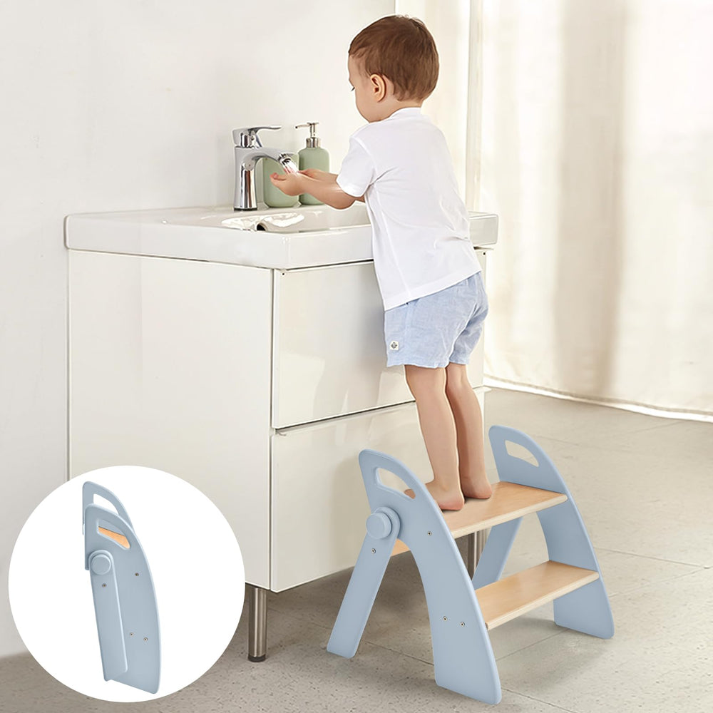 Joothlin wooden 2-step stool folded for compact storage and quick setup
