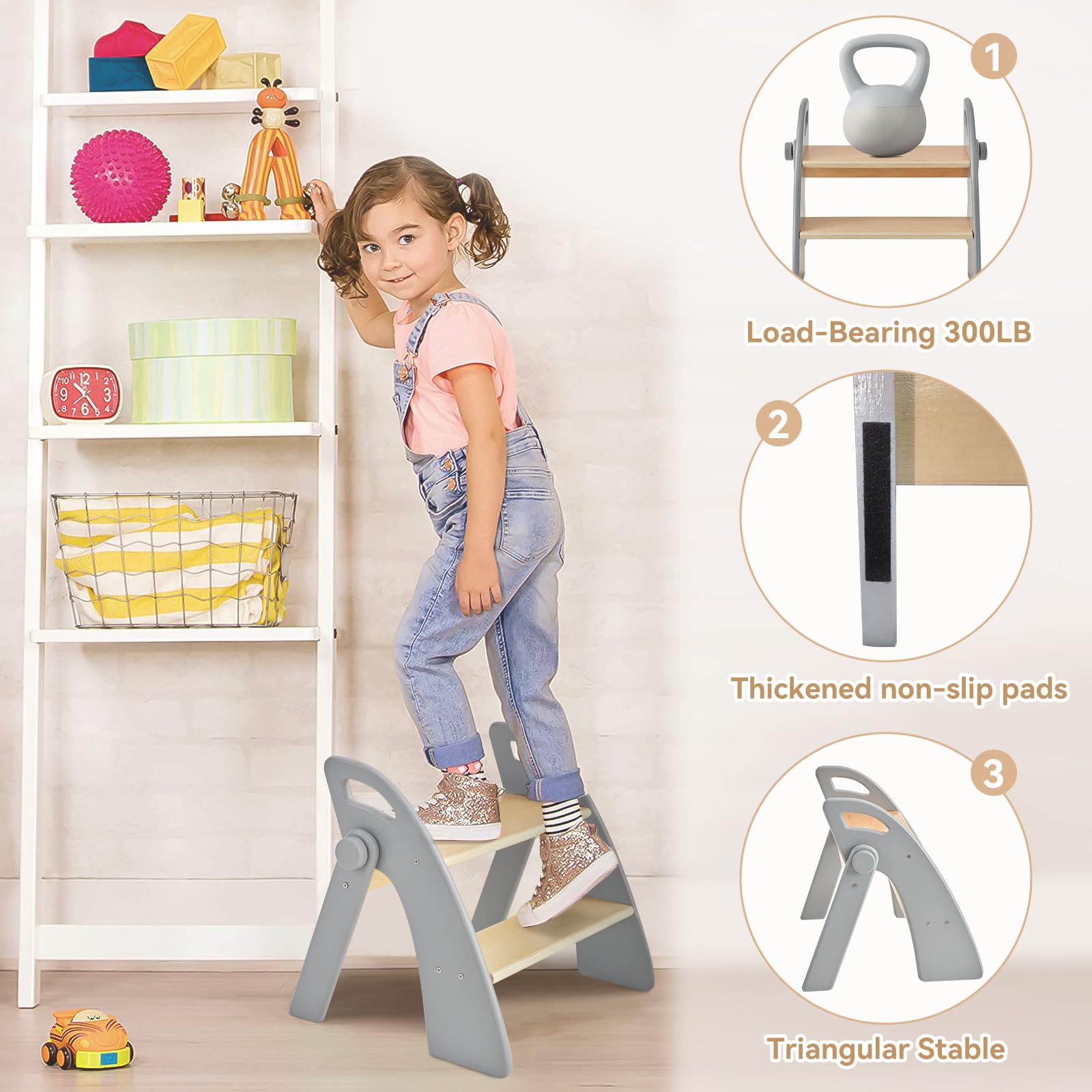 Joothlin wooden 2-step stool used as potty-training aid and bathroom helper for kids.