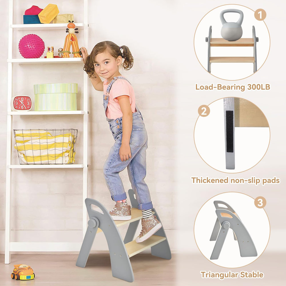 Joothlin wooden 2-step stool used as potty-training aid and bathroom helper for kids.