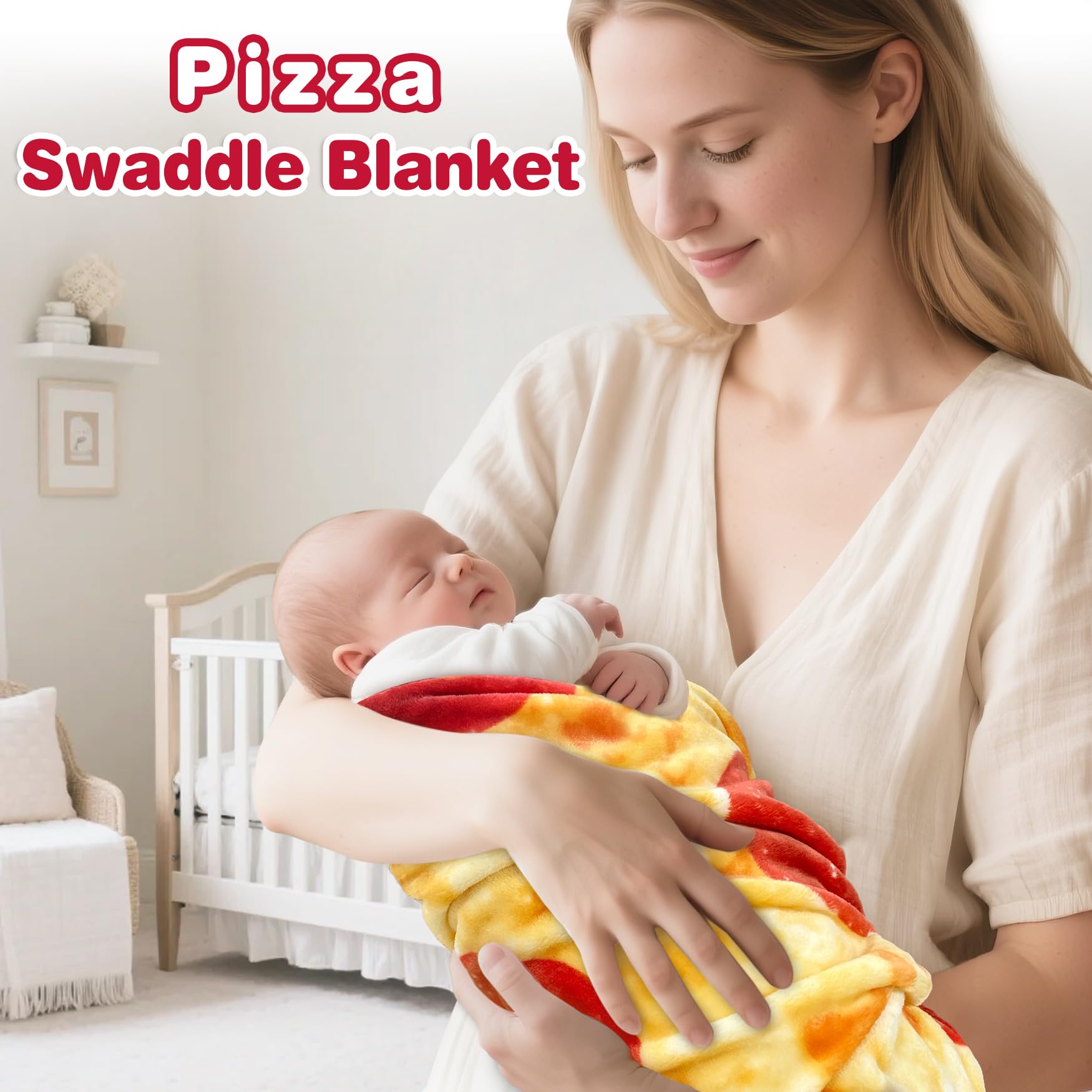 Jorbest Pizza Baby Blanket folded-on-bed shows compact gift-ready presentation