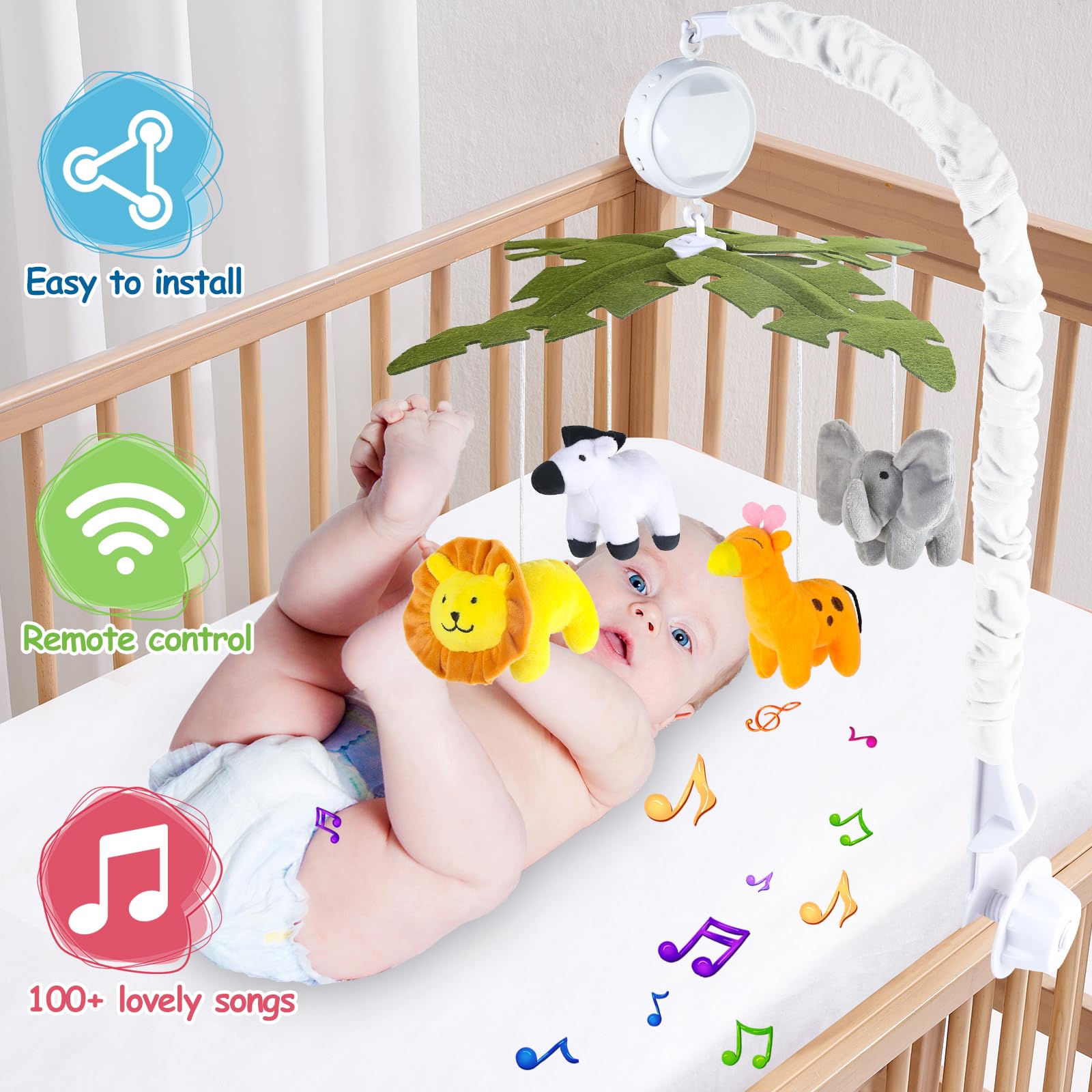 Joryuek crib mobile shows 360-degree rotation to gently entertain baby.