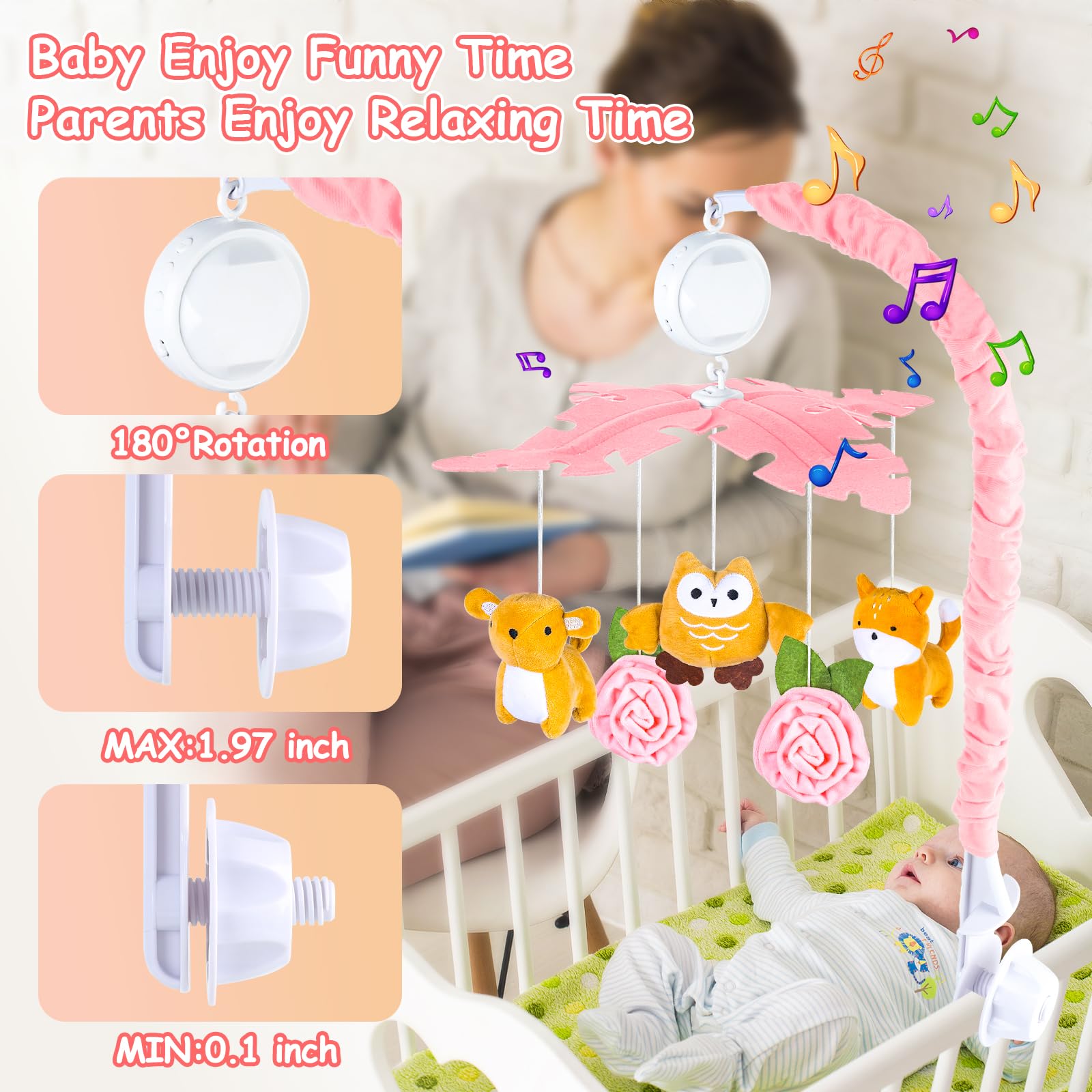 Joryuek pink crib mobile detachable rattles for safe playful exploration