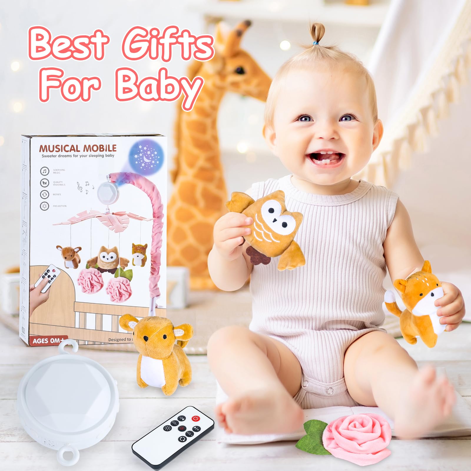 Joryuek pink crib mobile easy installation on flat-railed cribs