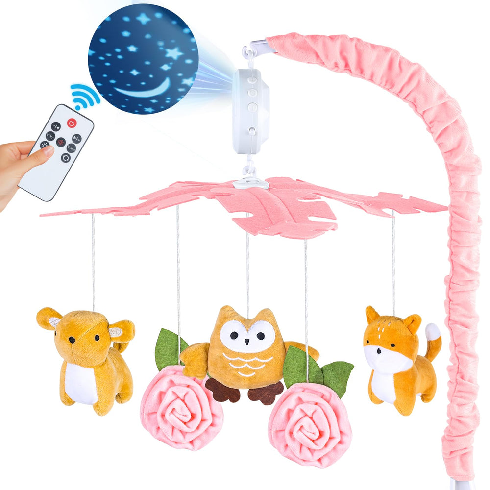 Joryuek crib mobile pink with music and lights for soothing naps