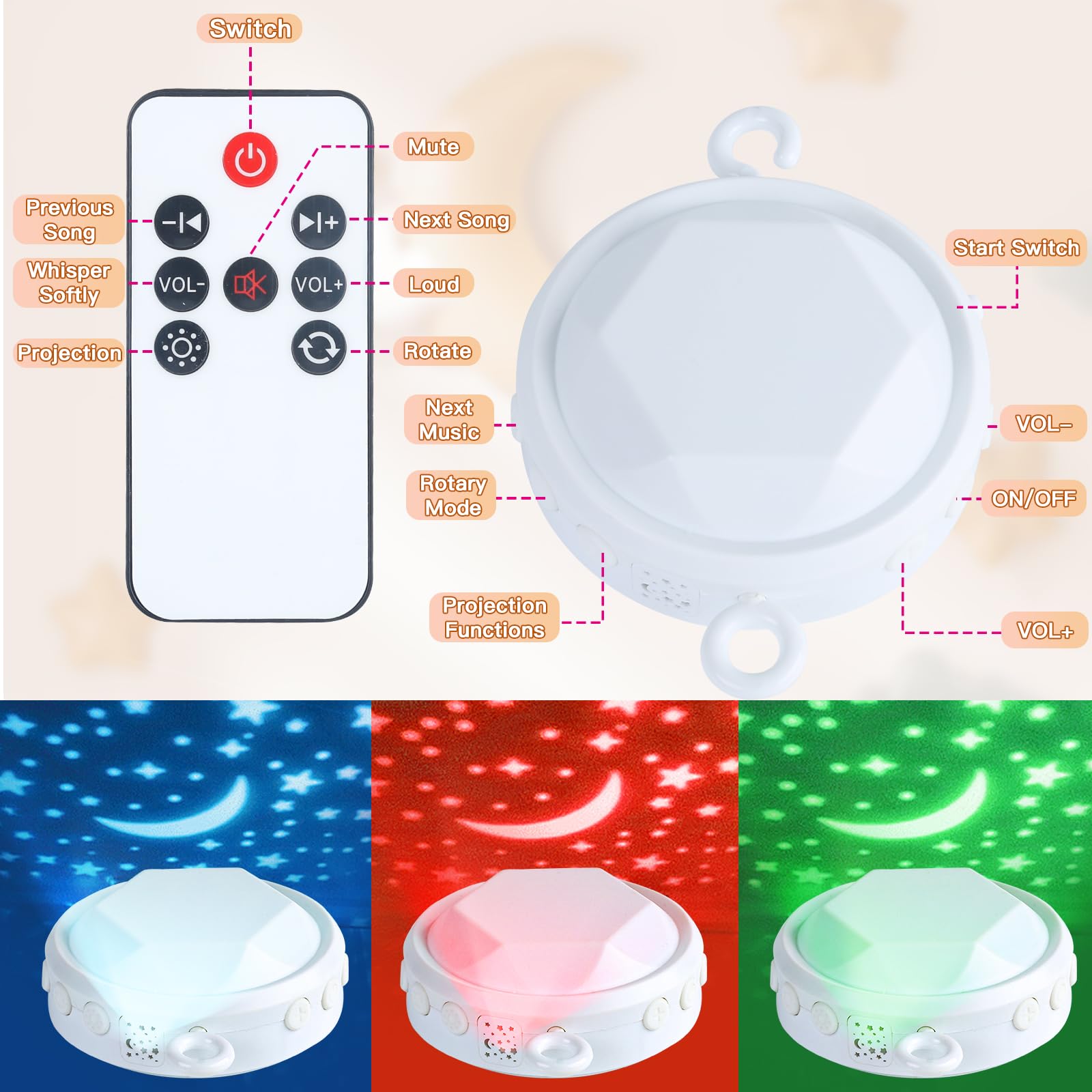 Joryuek pink crib mobile starlight projection brightens nursery mood