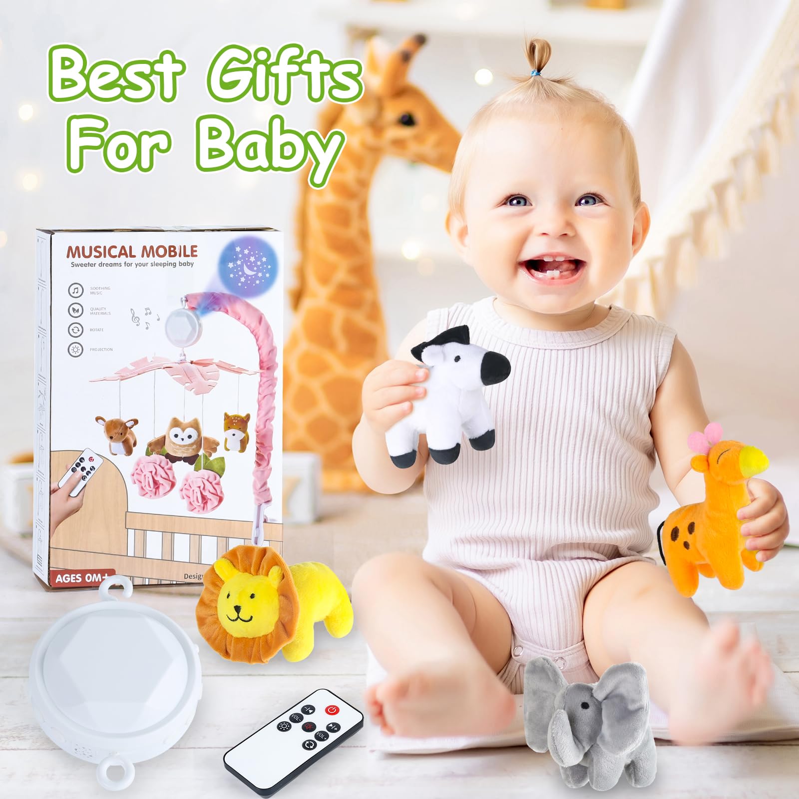 Joryuek green baby mobile complements nursery decor while soothing baby.