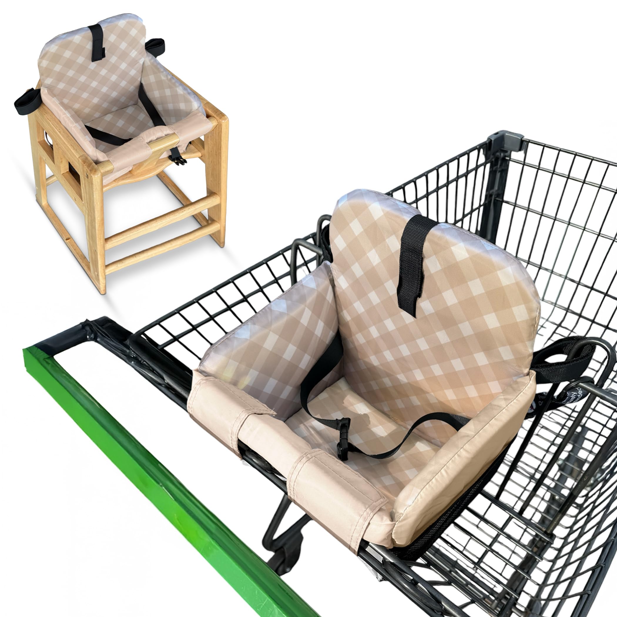 JoSeat shopping cart cover beige diagonal checkered folded for compact transport and quick setup.