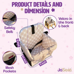 JoSeat shopping cart cover beige diagonal checkered mounted on cart providing clean, cozy seat.