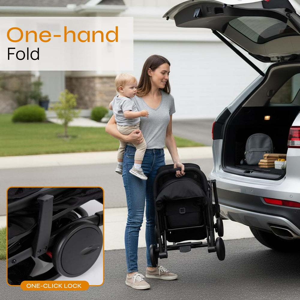 JOVIAL lightweight stroller side profile shows portable design for stairs and car.
