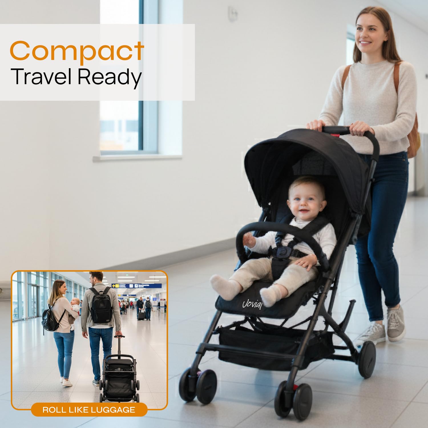 JOVIAL storage bag on stroller for travel organization.