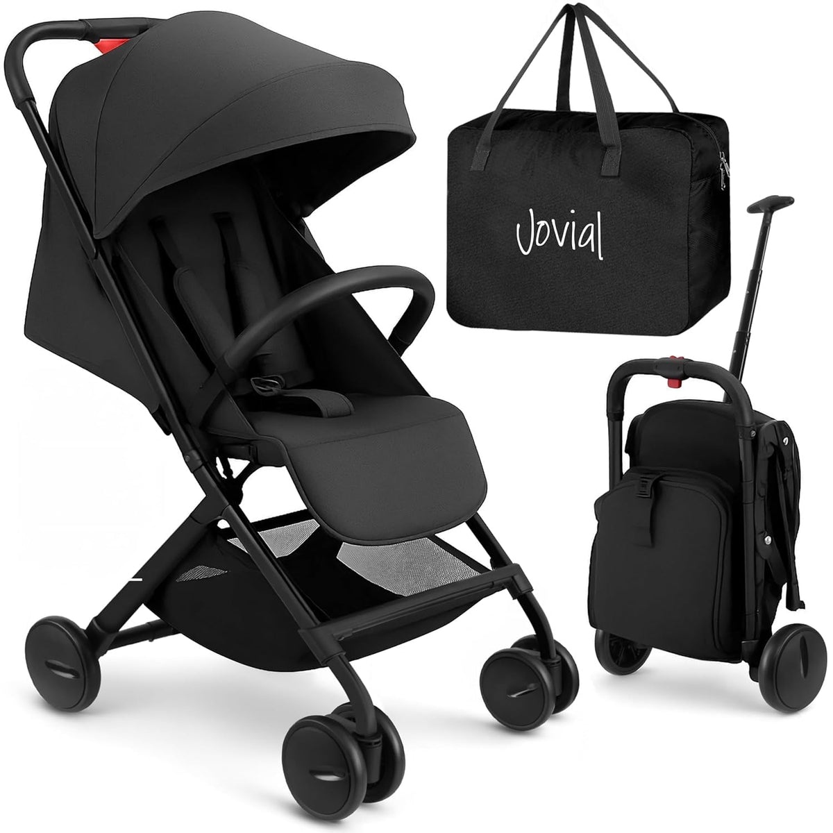 JOVIAL travel stroller one hand fold in action for quick setup.