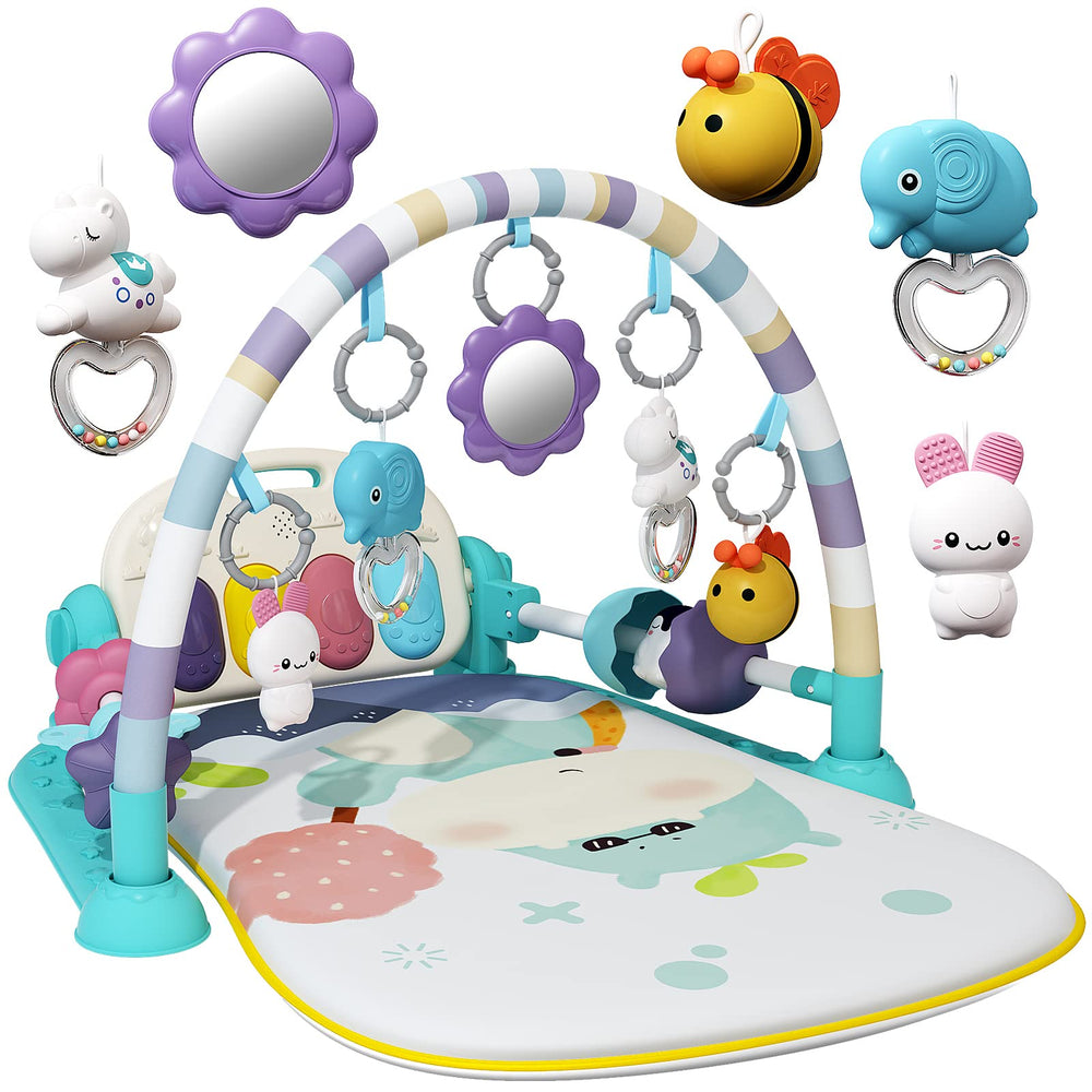 Jovow baby gym arch and piano in green engages babies during tummy time