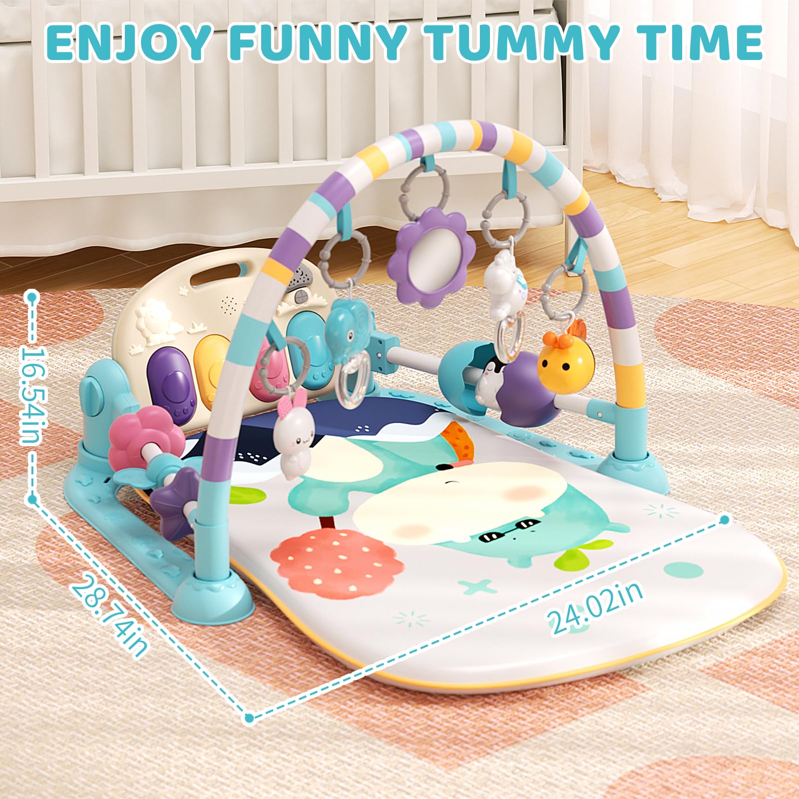 Jovow baby gym kick piano feature encourages kicking play with responsive sounds