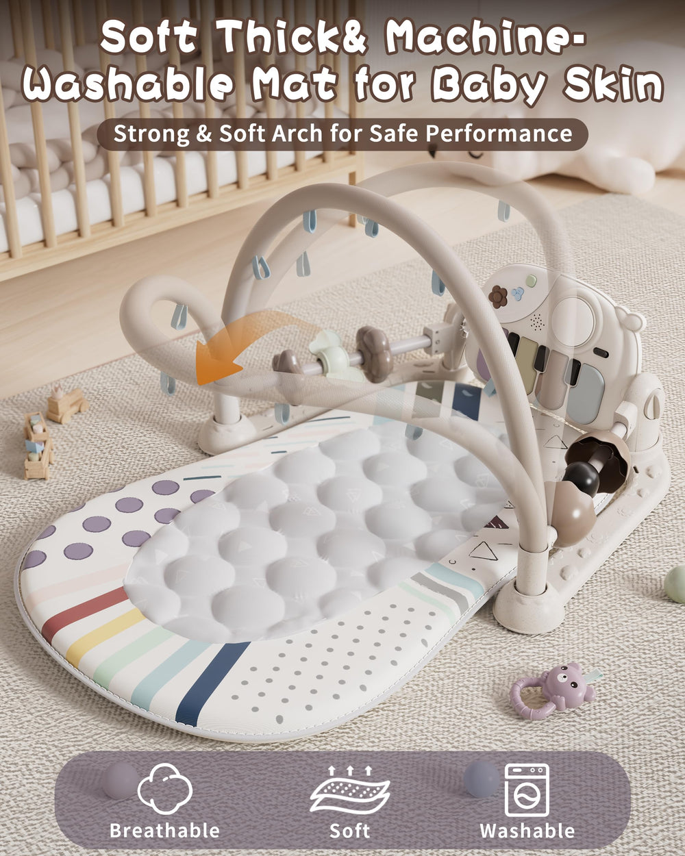 Jovow Baby Gym tummy time mat promotes kicking and motor development.