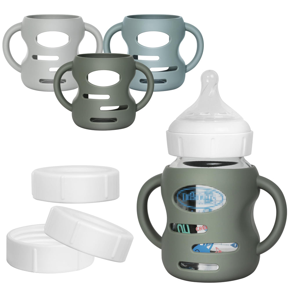 Joxodak silicone sleeves for Dr Brown Wide-Neck bottles with handles improve grip and control.