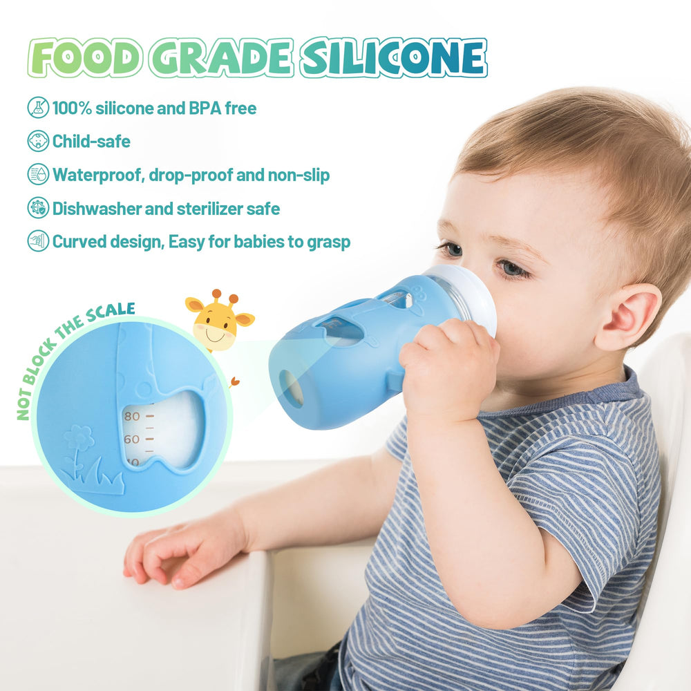 Joxodak silicone sleeve blue with handle aids baby hand control during meals