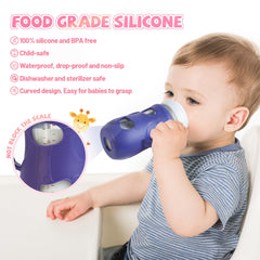 Joxodak silicone sleeve pink 8oz enhances grip and visual appeal during feeding.