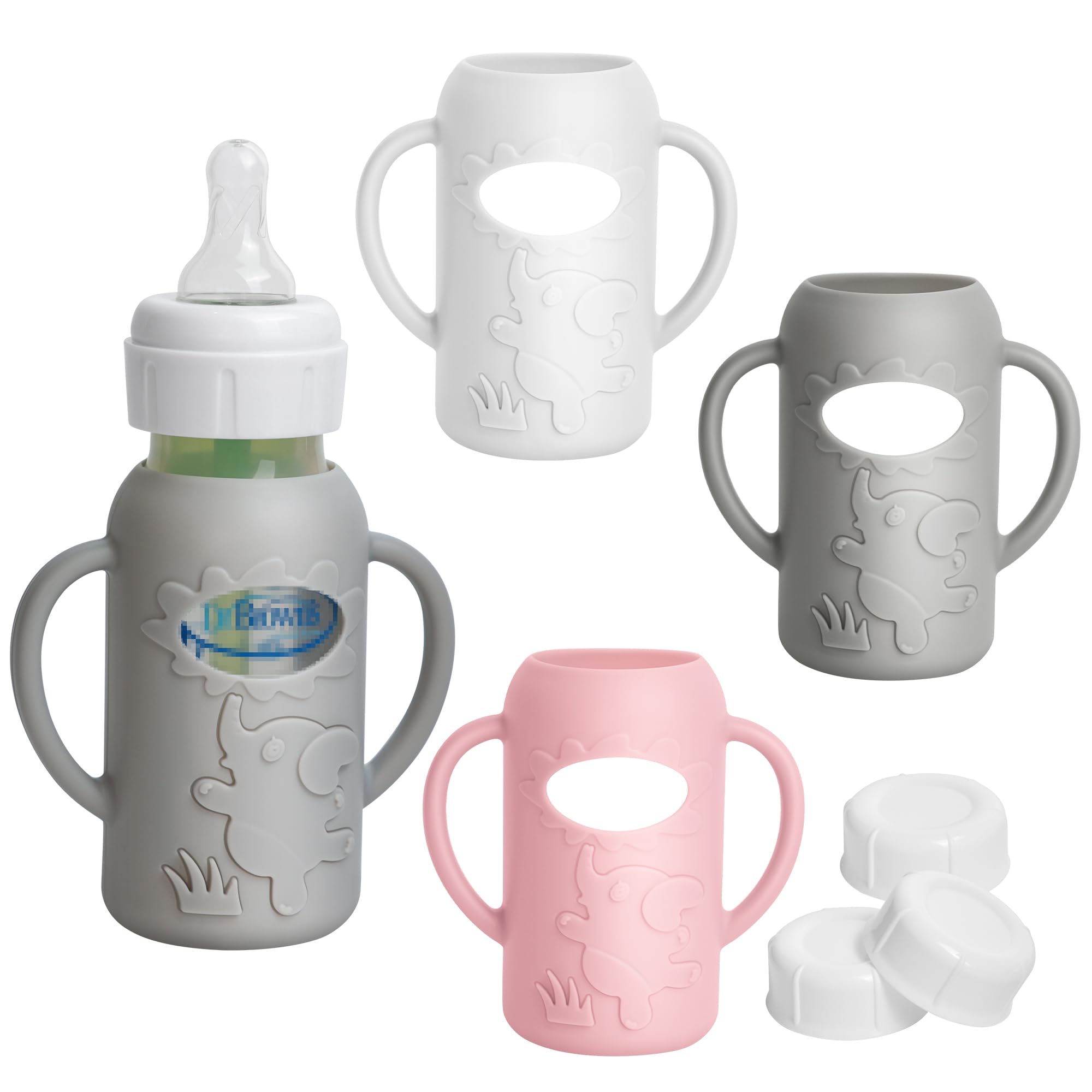 Joxodak white silicone sleeve on a 4oz bottle improves grip during feeds.