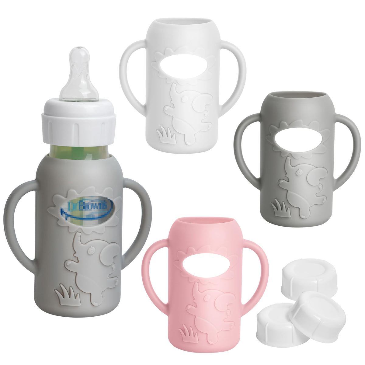 Joxodak white silicone sleeve on a 4oz bottle improves grip during feeds.