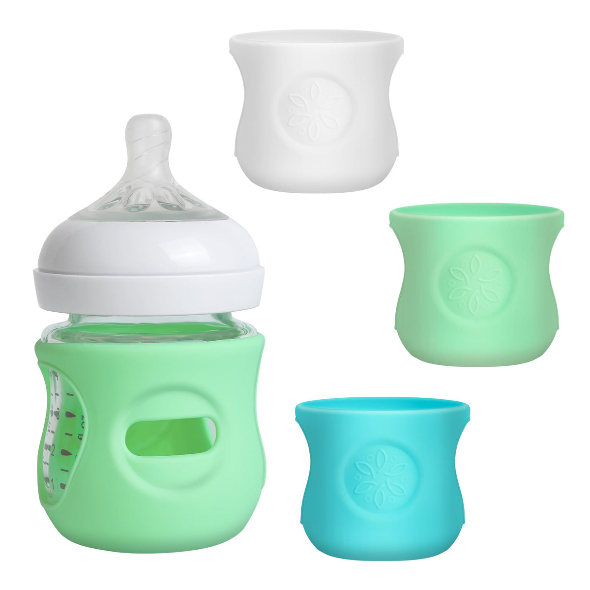 Joxodak silicone sleeve on white Philips Avent bottle enhances grip and safety.