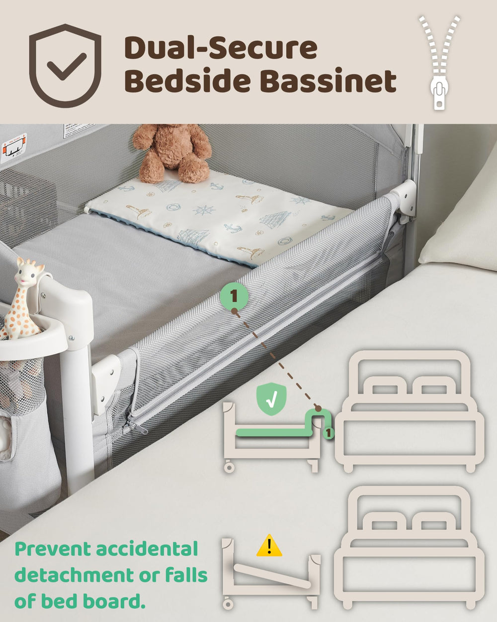 Joybai zip-secure panel illustrating snug bedside setup with reduced gaps