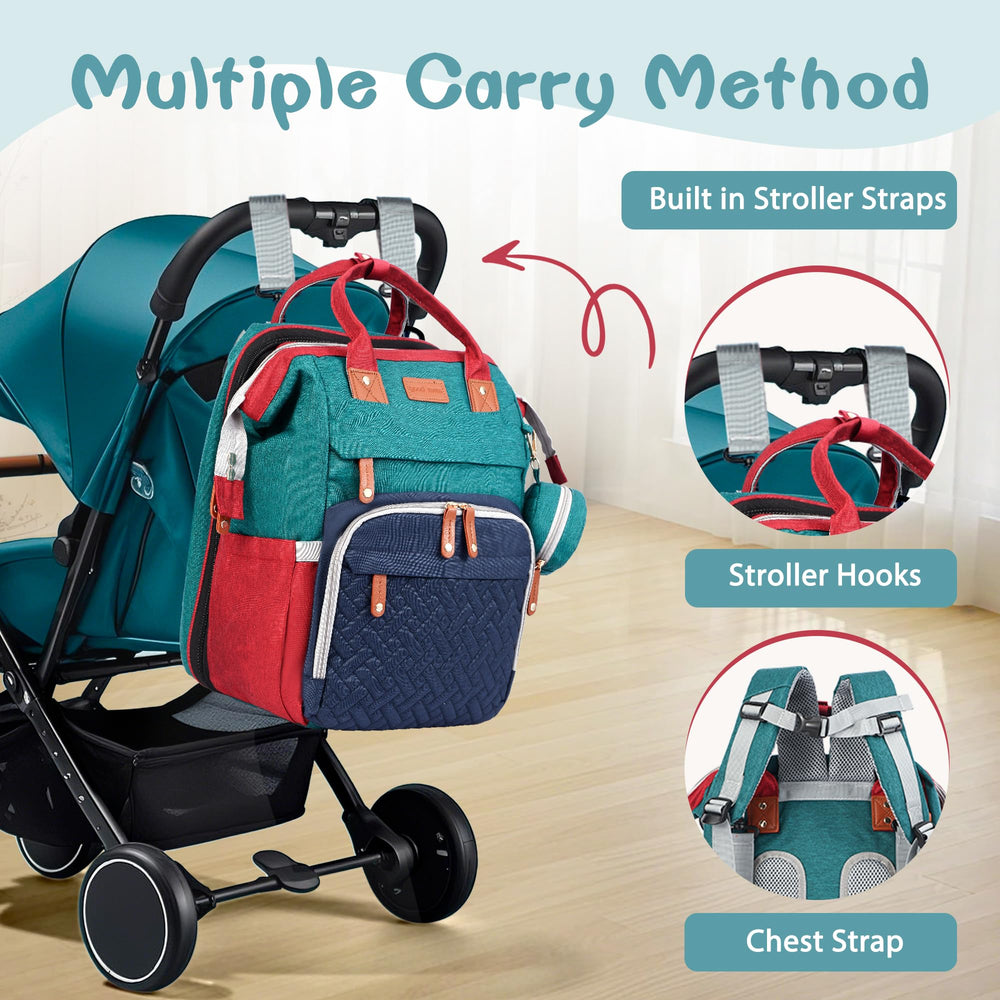 JOYCE diaper bag shows 19-pocket layout for organized essentials.