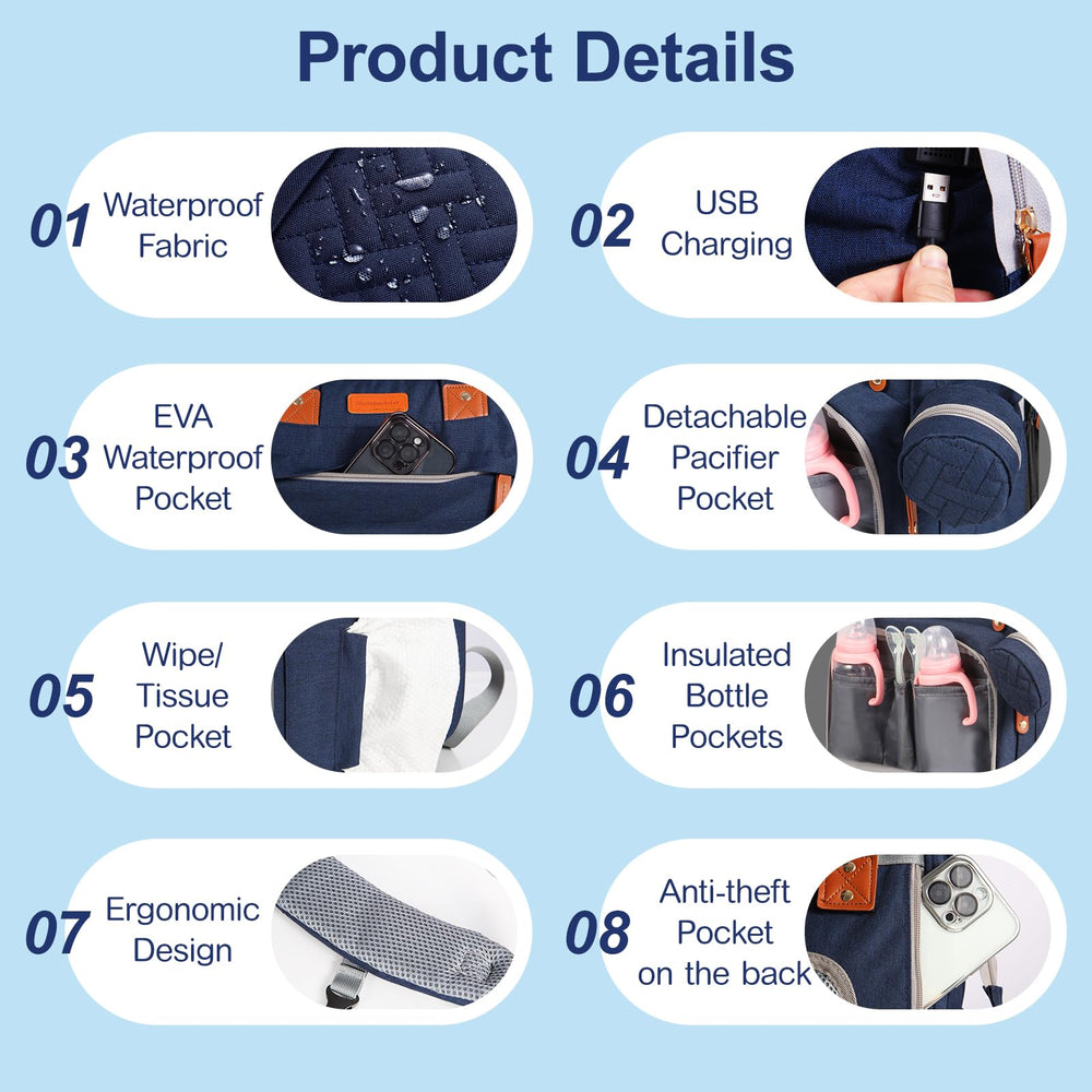 Joyce diaper bag backpack 25L capacity with 19 pockets keeps essentials organized.