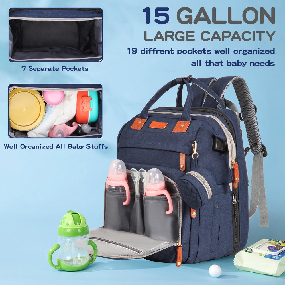 Joyce diaper bag backpack attached to stroller with Velcro straps for secure travel.